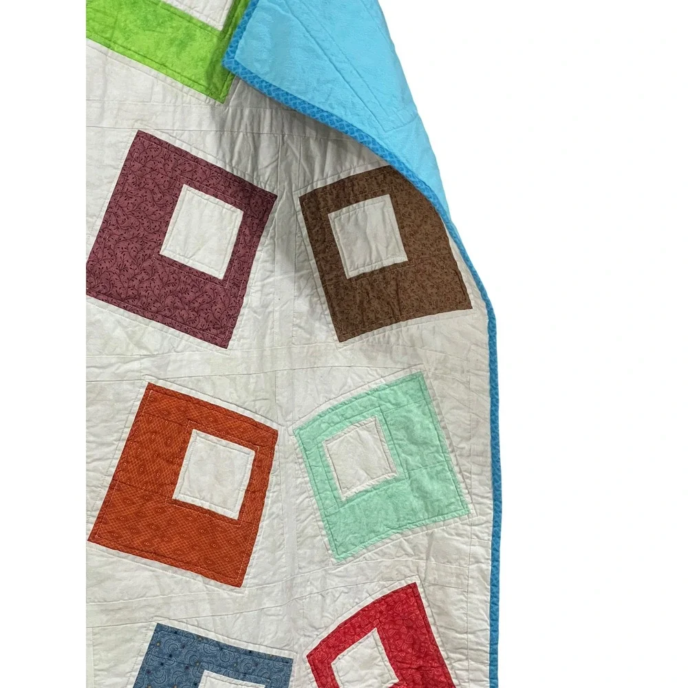 Handmade Patchwork Quilt 68x60 Colorful Geometric Twin Throw Topper Cottagecore